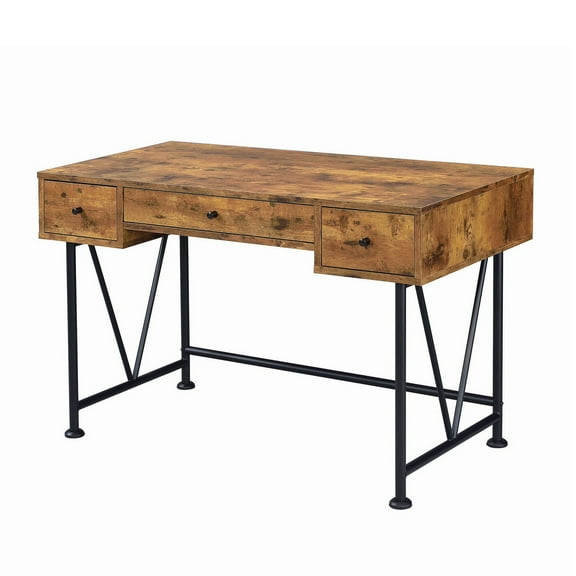 48 Inch Chic Wood Writing Desk 3 Drawer- Rustic- Metal Base- Antique Brown