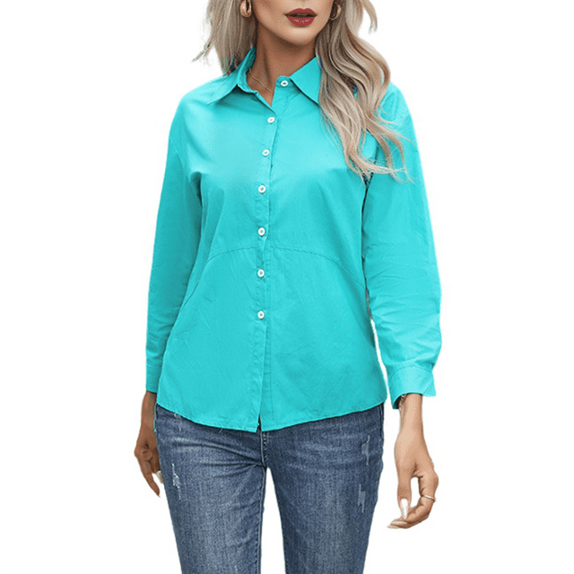 Women's Button Down Shirts Long Sleeve Dress Shirts Wrinkle Free Collared Work Office Tops Blue M