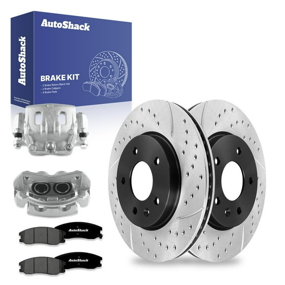 AutoShack Front Drilled & Slotted Brake Rotors Premium Ceramic Brake Pads Calipers | Replacement for Chevrolet Equinox Captiva Sport Saturn Vue AWD FWD | E-Coated | 8-PC Brake Kit | ShadowGuard