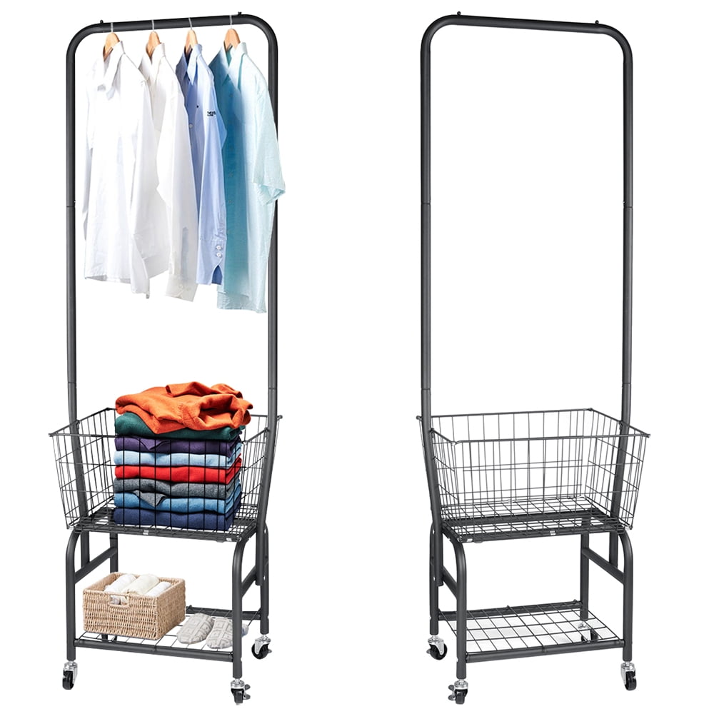 3Tier Metal Rolling Laundry Cart with Hanging Bar