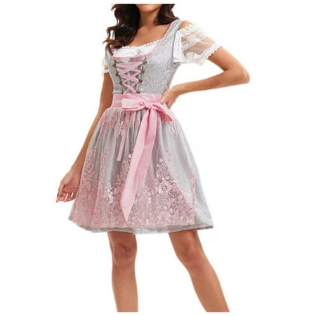 OJSFQUFP Vacation Dress Pink Women Fashion Oktoberfest Stage Performance Show Cute and Soft Dress Mini Dress Beach Holiday Dress L