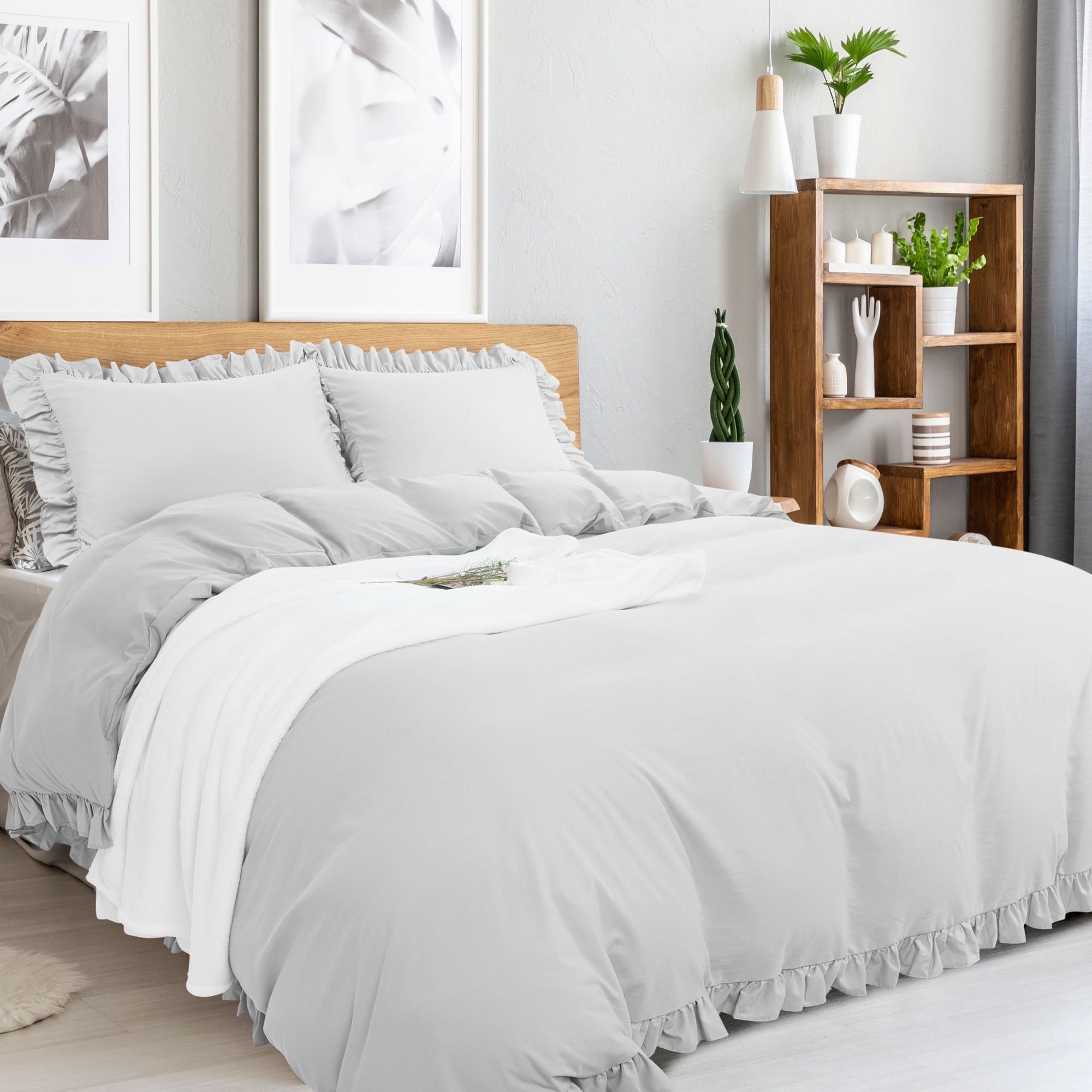 Unique Bargains 110GSM 3 Pieces Ruffle Brushed Duvet Cover Sets King Light Gray