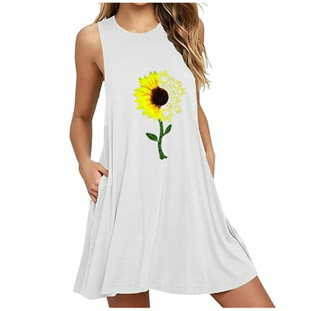 

TANGNADE Fashion Womens Pocket Sunflower Printing Sleeveless Casual Nightdress Dresses