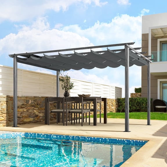 10 ft. x 13 ft. Wood Grain Aluminum Outdoor Pergola with Gray Retractable Shade Canopy
