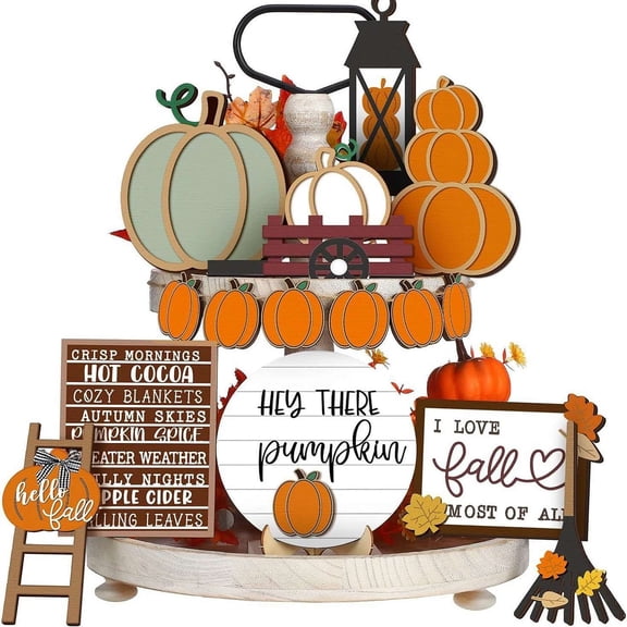 Fall Tiered Tray Decor Set, Hello Fall Thanksgiving Pumpkin Wooden Signs, Rustic Farmhouse Table Centerpieces with Maple Leaf Garland for Autumn Home
