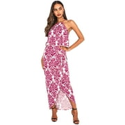 KOH KOH Long Damask Print Sexy Halter Spaghetti Strap Spring Summer Dressy Cocktail Party Wedding Guest Tall Sundress Maxi Dress Gown For Women Red & Off White X-Small US 2-4 NT415_A023