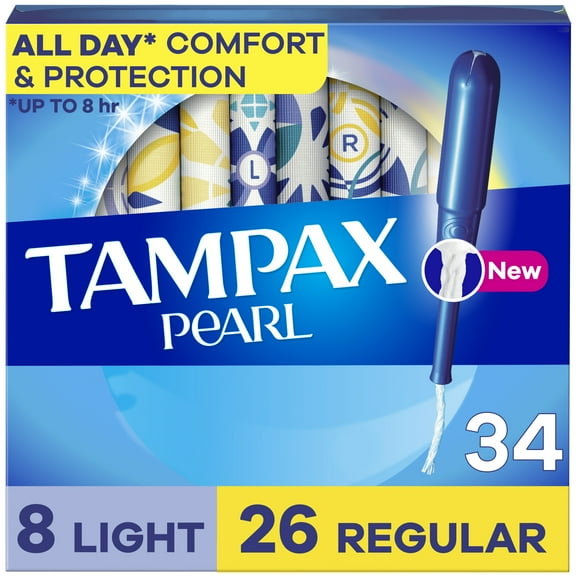Tampax Pearl Tampons Duo Multipack with LeakGuard Braid, Light/Regular Absorbency, Unscented, 34 Ct