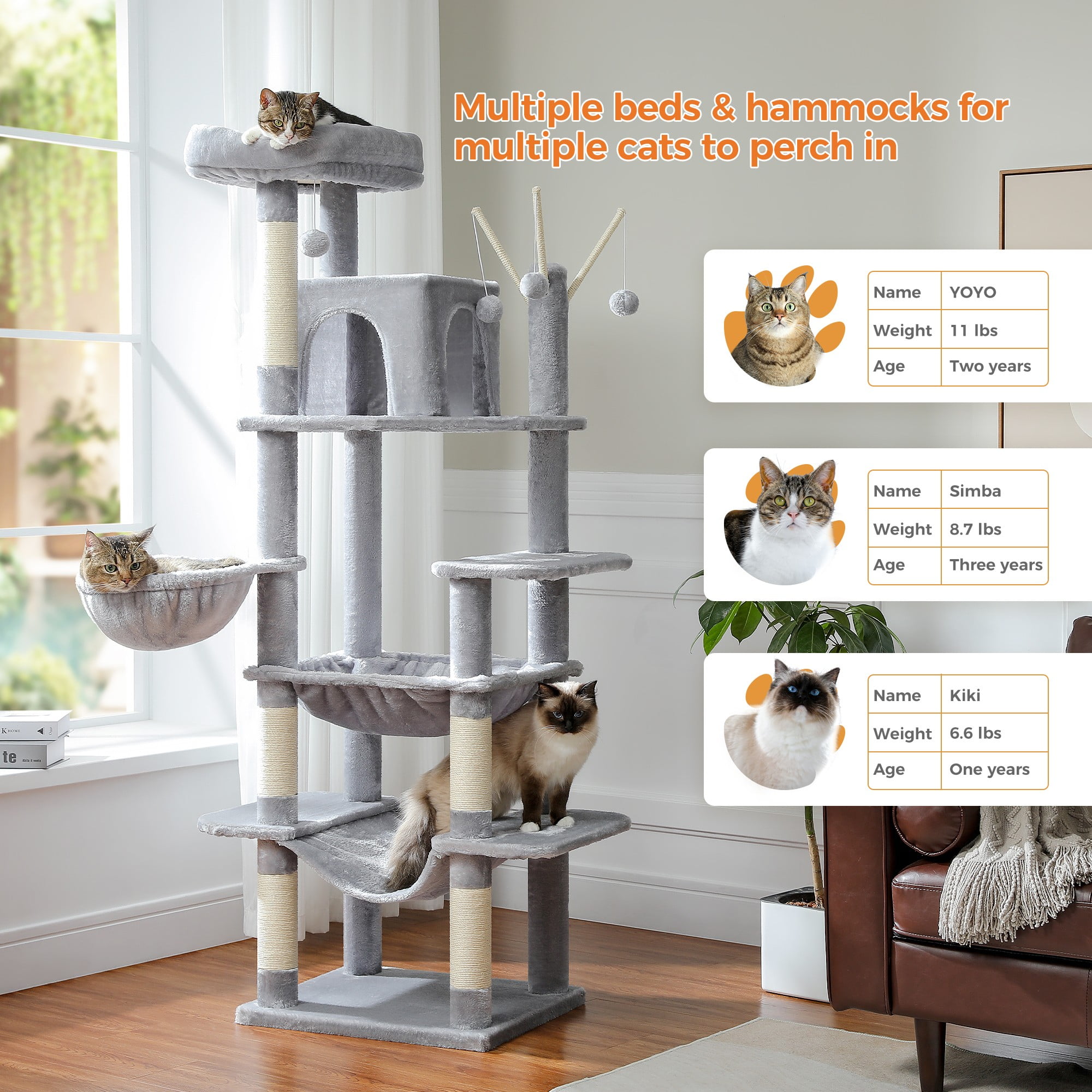 resenkos 70" Large Cat Tree Tower with Scratching Posts, Perches, Basket, Hammock, Multi-Level Plush Cat Condo for Indoor Cats, Gray