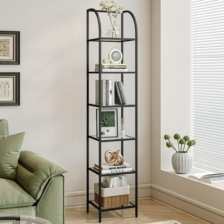 6-Tier Tempered Glass Arched Bookshelf with Steel Frame, Black, 11.8"D x 13.8"W x 70.3"H