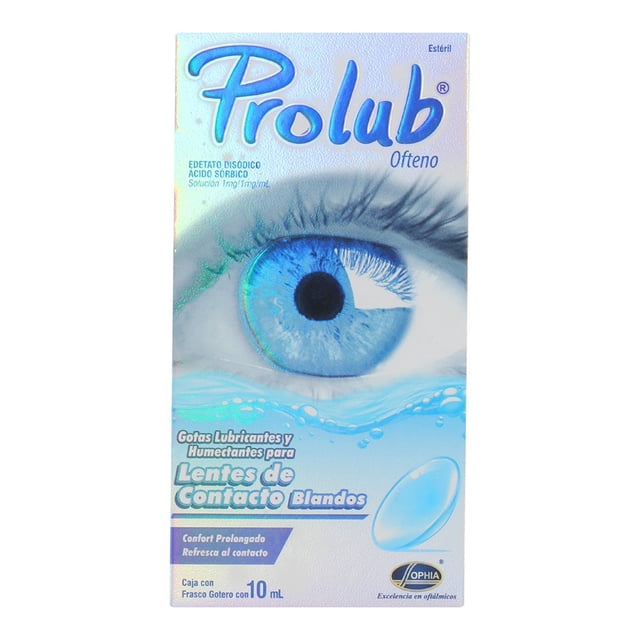prolub ofteno caja con frasco gotero con 10ml caja blanca de gotas lubricantes y humectantes para lentes de contacto blandos, vista frontal del empaque con ilustración de ojo azul, leyenda visible '10 ml' y logotipo Prolub.