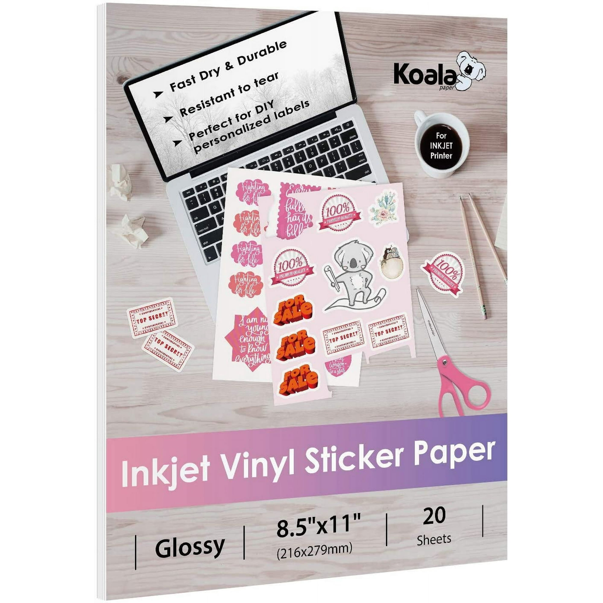 Bundle 140 Sheets - Koala Printable Vinyl Sticker Paper Glossy White Waterproof 20 Sheets + Koala Glossy Sticker Paper for Inkjet Printer 120 Sheets