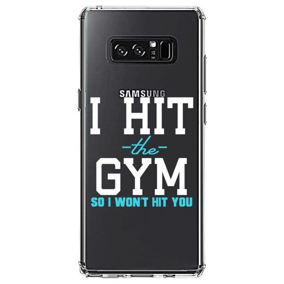DistinctInk Clear Shockproof Hybrid Case for Samsung Galaxy Note 8 - TPU Bumper Acrylic Back Tempered Glass Screen Protector - I Hit the Gym So I Won't Hit You