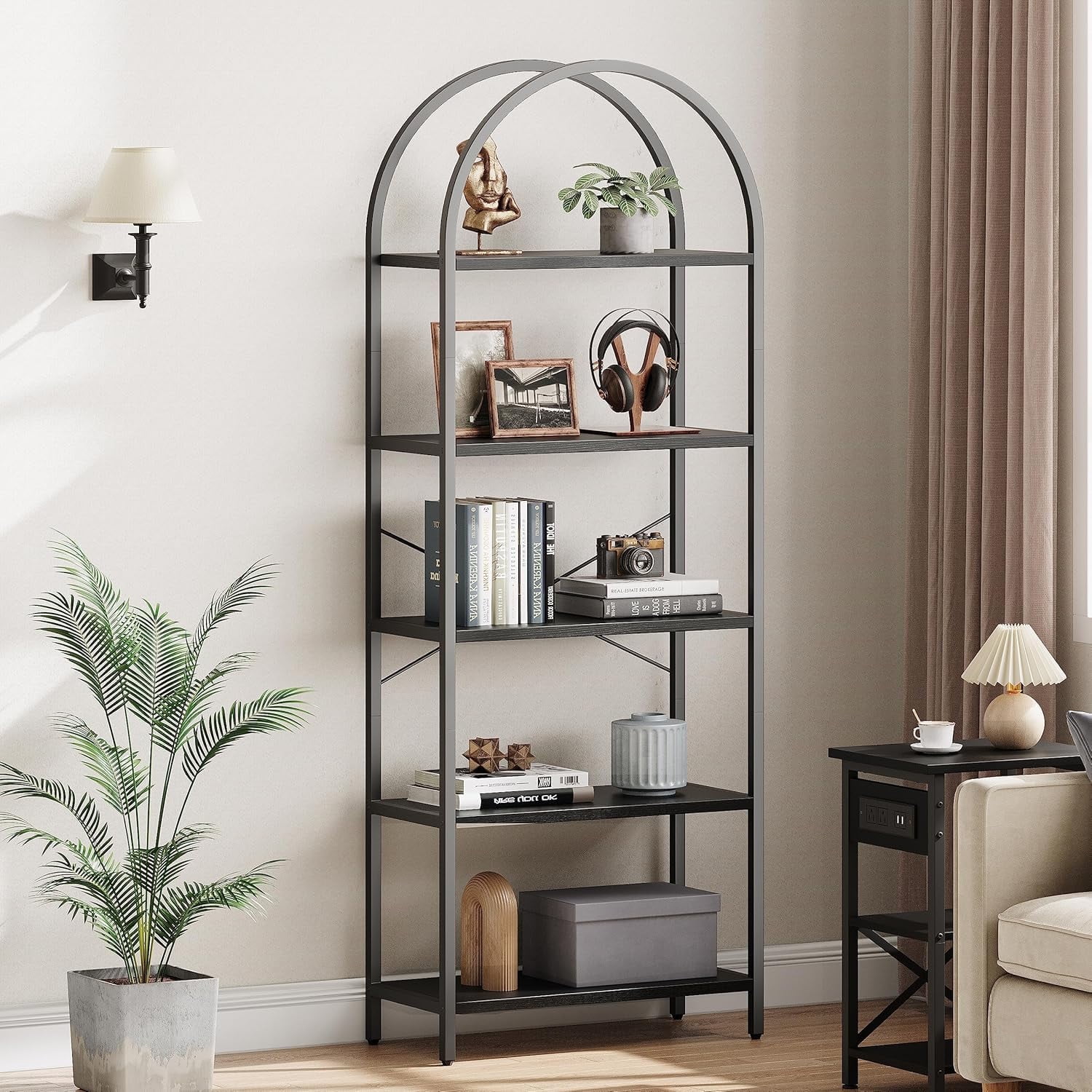 Sunvasagoo 5-Tier Arched Bookshelf w/ Steel Shelf, Adjustable Feet&Anti-Tip Straps, MDF, Black