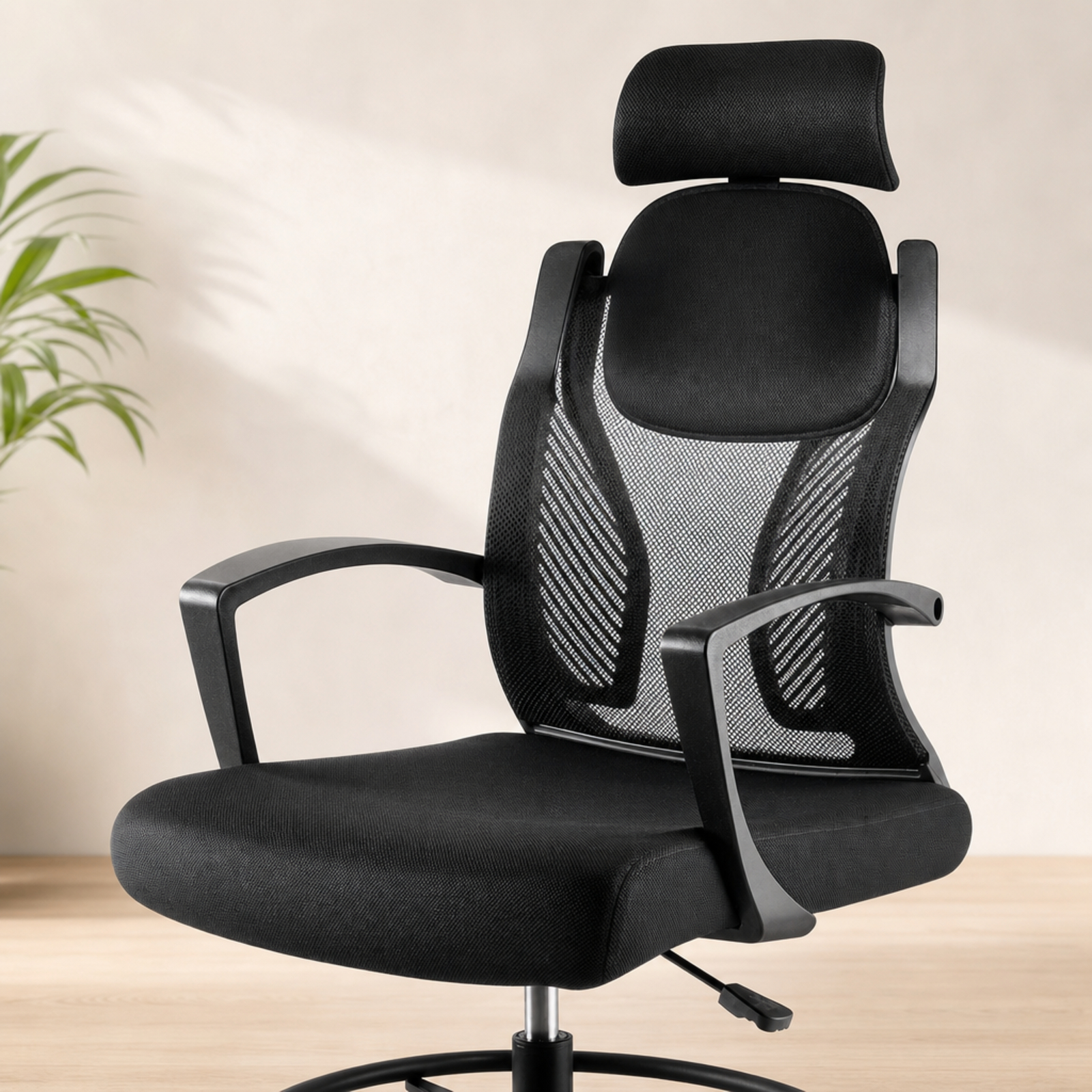 Fenbeli Drafting Chair Tall Office Chair with Lumbar Support and Adjustable Footrest Ring, Black