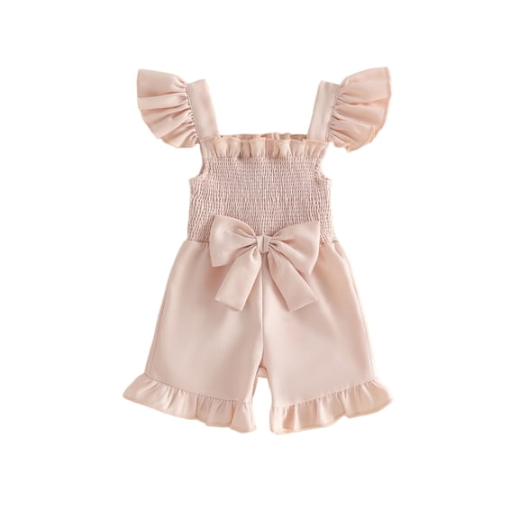 BemeyourBBs Toddler Baby Girls Smocked Rompers Summer One Piece Jumpsuits Clothes Solid Color Ruched Bowknot Front Fly Sleeve Infant Playsuit Ruffle Overalls Shorts