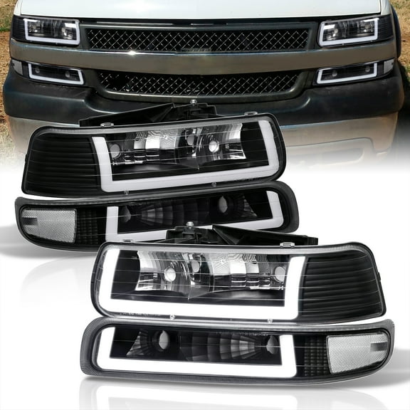 AJP Distributors LED DRL Black Housing Clear Lens Reflector Headlights Assembly   Bumper Signal Lamps Compatible/Replacement For Chevy Silverado Suburban Tahoe 1999 2000 2001 2002 2003 2004 2005 2006