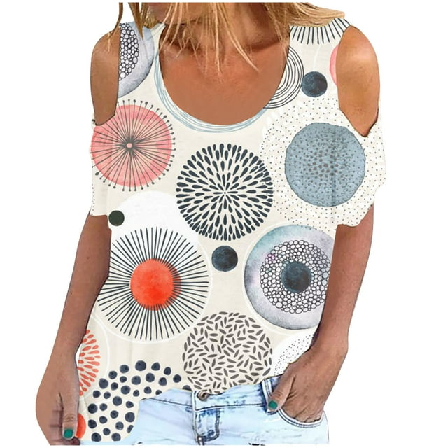 Womens Summer Floral Tops Crew Neck Cold Shoulder Short Sleeve Shirts Going Out Flattering Blouses for Leggings