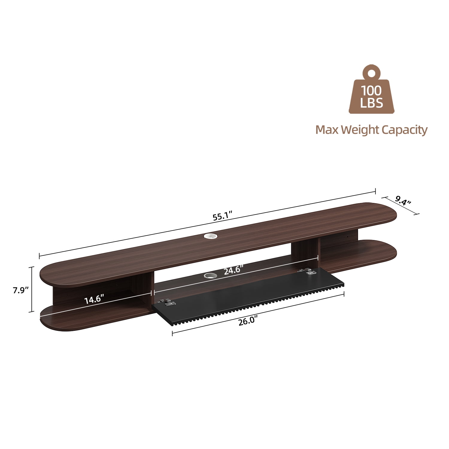 ​​FloatiCasa 55" Floating TV Stand Wall-Mounted Entertainment Center with 1 Door and Vertical Groove Design for TVs up to 60" for Living Room and Bedroom, Walnut​​ and Black
