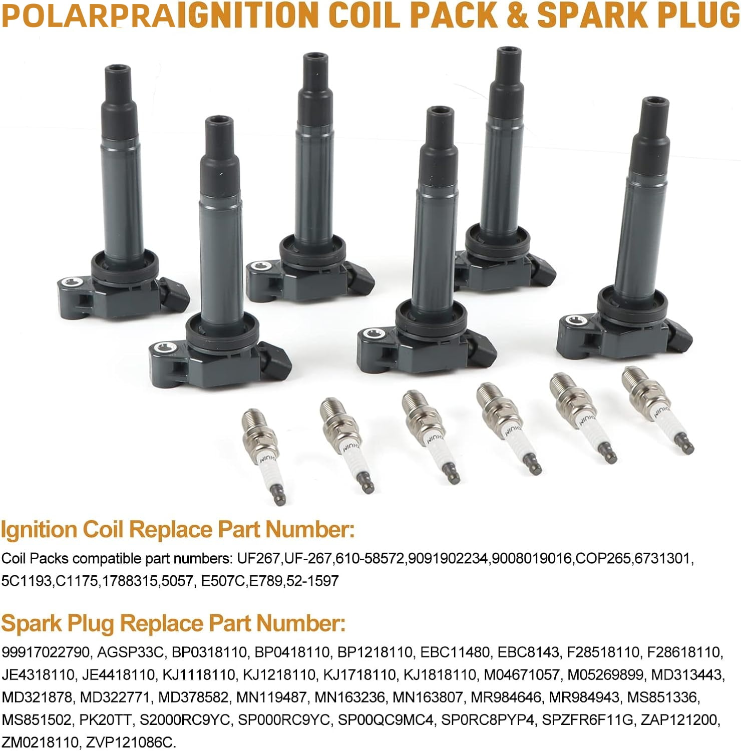 POLARPRA Ignition Coil Pack & Iridium Spark Plugs for Toyota Lexus ES300 RX300 Camry Sienna Avalon 1999-2006