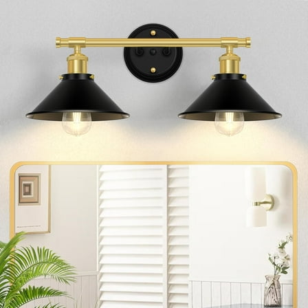 Black and Gold Bathroom Light Fixtures 2-Light Bathroom Vanity Lights over Mirror with Metal Shade Modern Wall Sconces Lighting for Kitchen Bedroom Living Room