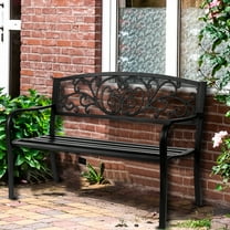 Qiushi 50" Outdoor Metal Garden Bench with Floral Backrest - Steel Patio Bench for Porch, Yard, Deck - Powder-Coated Black Rust-Resistant Bench with Armrests, 400lb Capacity, Black