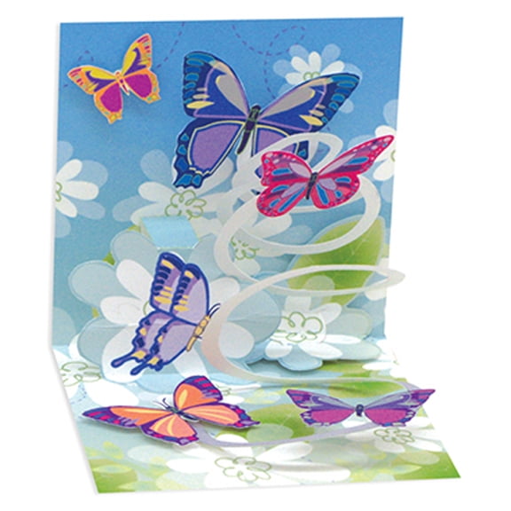 Up With Paper Purple, Pink and Yellow Flying Butterflies 3-Inch Mini 3D Pop-Up All Occasion Greeting Card