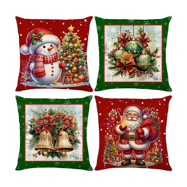 Juego de 4 fundas de almohada navideñas | Fundas de almohada con estampado navideño de Papá Noel | Fundas de cojín decorativas de poliéster de 45 x 45 cm para sofá cama y salón