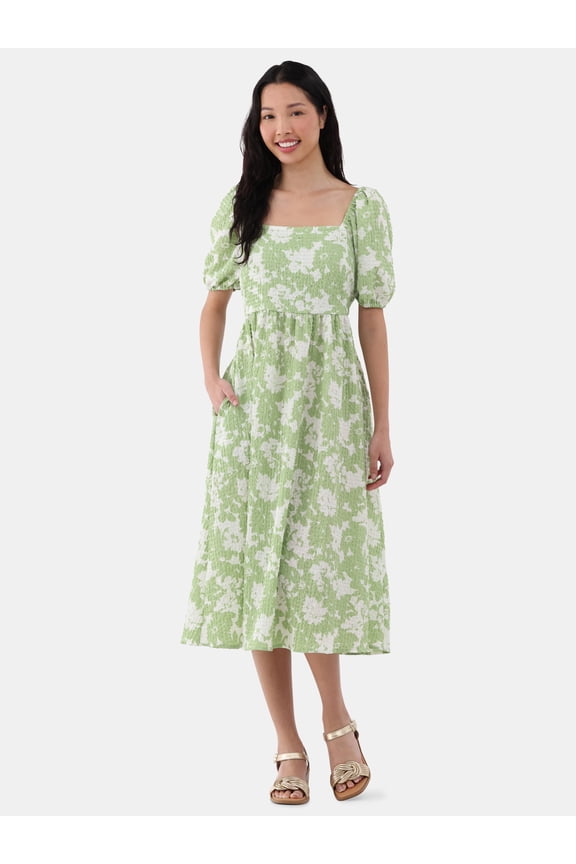 Women's and Women's Plus Cotton Back Tie Midi Dress with Short Puff Sleeves, Sizes XS-4X