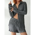 thumbnail image 3 of Honganda Women Casual 2 Pcs Clothes Set Solid Color Ruched Long Sleeve Button Down Shirts with Shorts Suit, 3 of 7