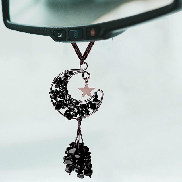 Accesorios de coche negro Obsidiana Cristal Coche Espejo retrovisor Colgante Accesorios Cristal Coche Colgante Adorno Luna Lindo Hippie Boho Coche Decoración Accesorios para Mujeres Hombres