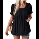 thumbnail image 3 of Camisetas de Punto Holgadas Informales de Corta con Pliegues y Cuello Cuadrado para Mujer, Blusas de Punto de Color Liso Negro S, 3 of 10