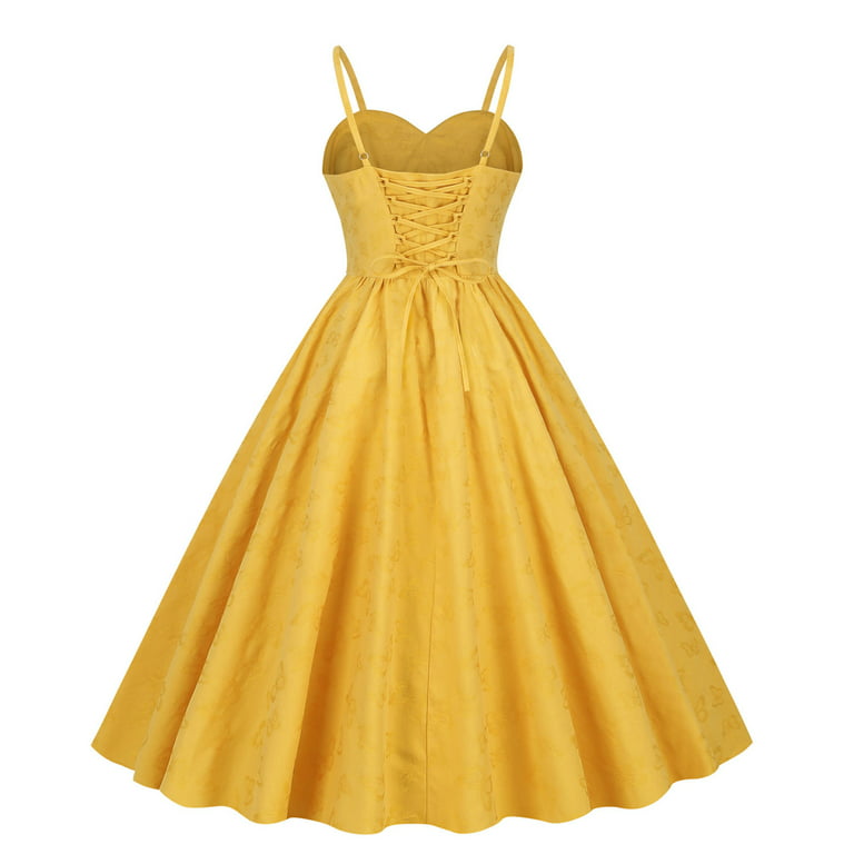 Ladies Vintage 50s Retro Rockabilly Prom Dresses Sleeveless Fit and Flare  Big Swing Tea Party Dress Yellow 