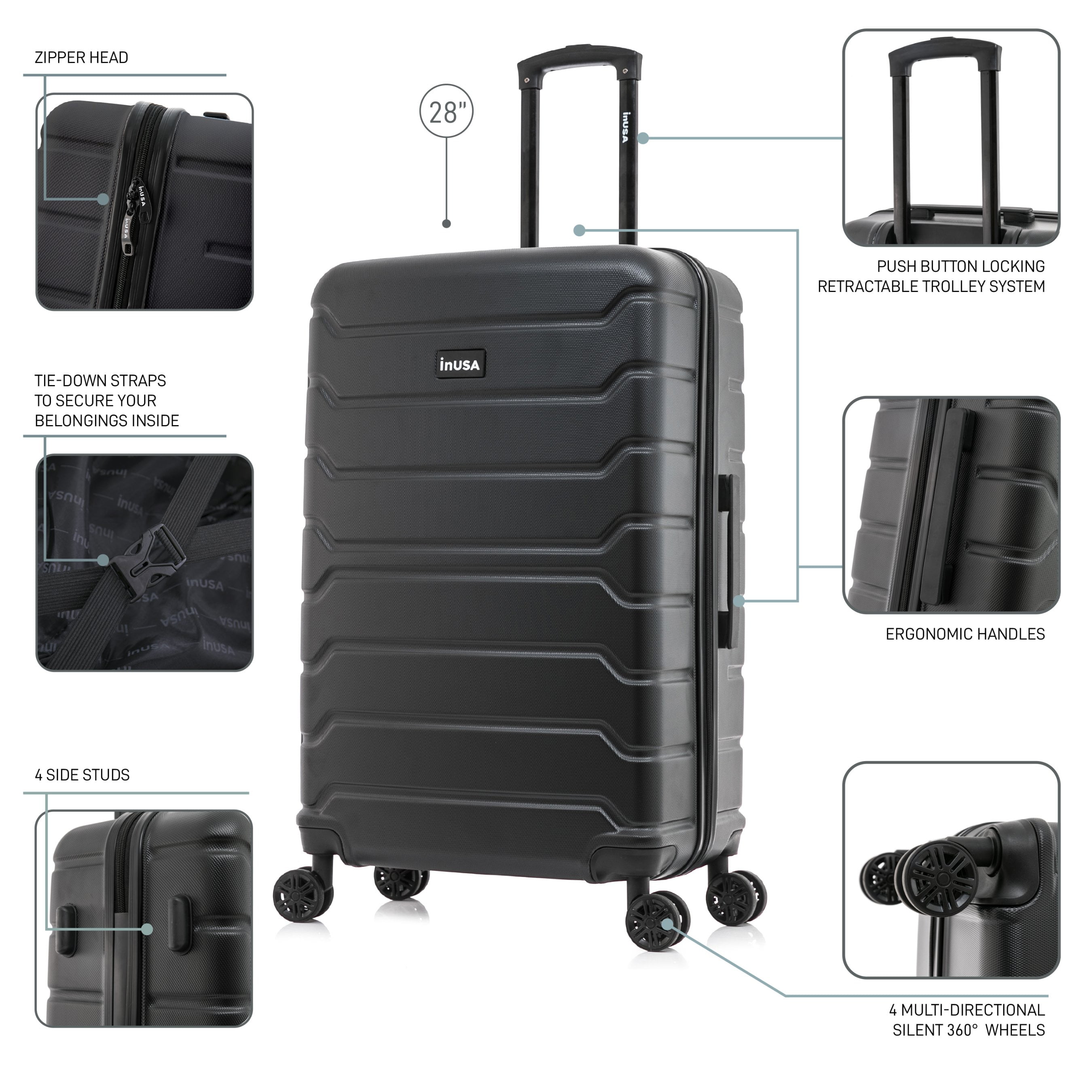 InUSA Trend 3-Piece Hardside Luggage Sets with Spinner Wheels, Handle, Trolley, (20"/24"/28"), Black