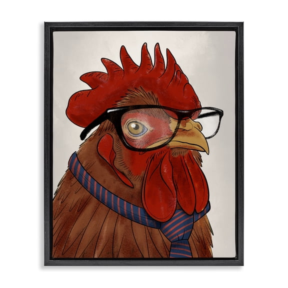 Stupell Industries Trendy Rooster with Tie Animals Painting Black Floater Framed Canvas Art Print Wall Art, 17 x 21