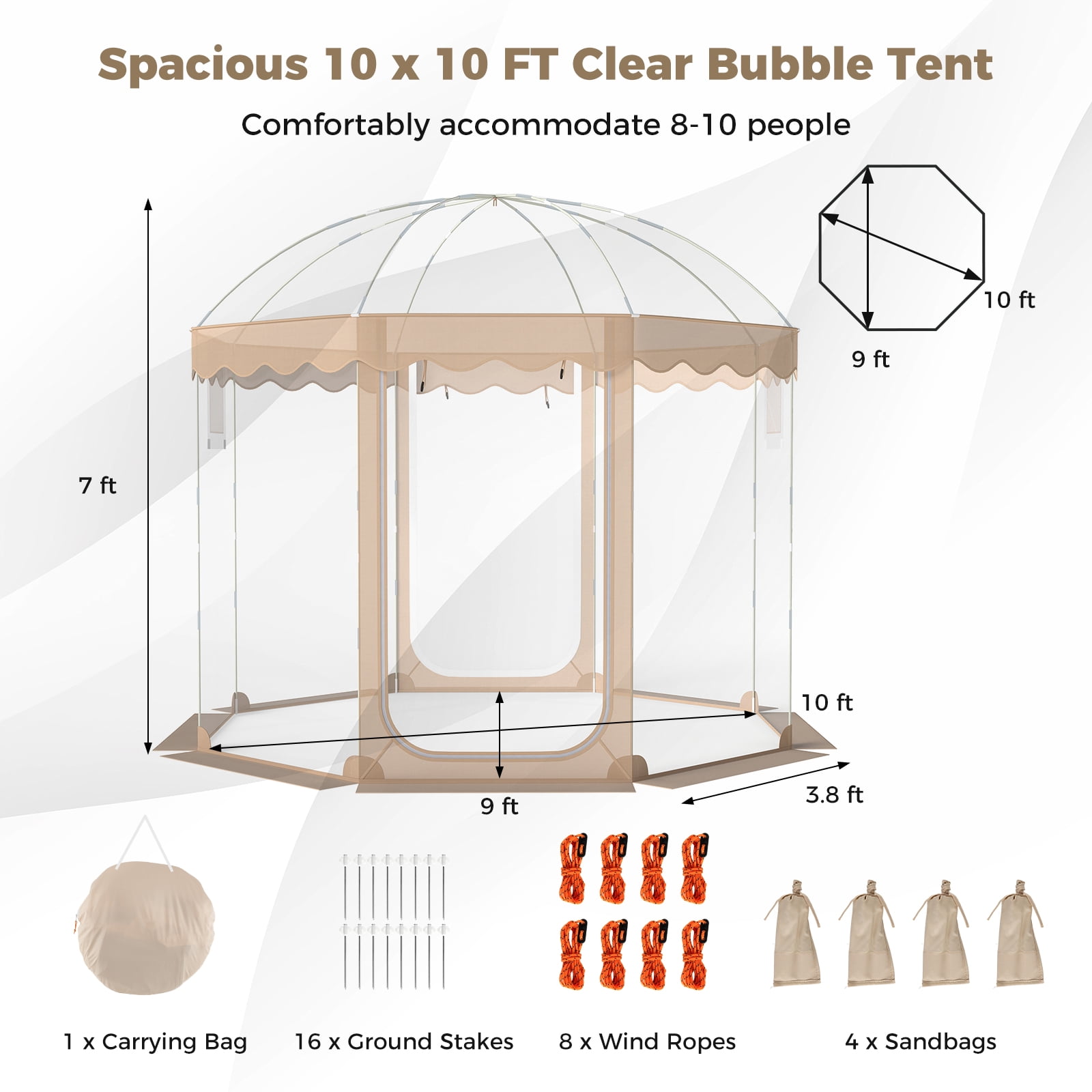 Gymax 10x10ft Pop-Up Bubble Tent for 8-10 People 540 Degree Panoramic Clear PVC For Outdoor