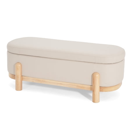 Christopher Knight Home Upholstered Oval Storage Ottoman Bench with Solid Wood Frame Beige+Natuiral