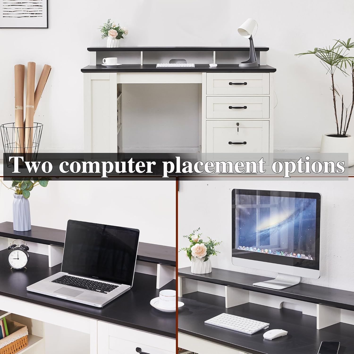 55”Farmhouse Executive Desk with Side Bookshelf, Home Office Desk with Monitor Stand, 2 Drawers & Lockable File Cabinet,Rustic Computer Desk with Built-in Power Outlet (55")