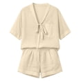 thumbnail image 2 of OGLCCG 2 Piece Cotton Linen Sets for Women V Neck Short Sleeve Tops and Wide Leg Shorts Summer Casual Beach Outfits with Pockets,XXXL, 2 of 7
