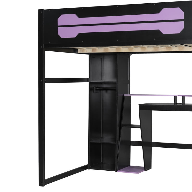 Full Size Wooden E-Sport Loft Bed with Desk, LED Lights & Charge Station, Storage Bed Frame with Built-in Wardrobe & Cabinets