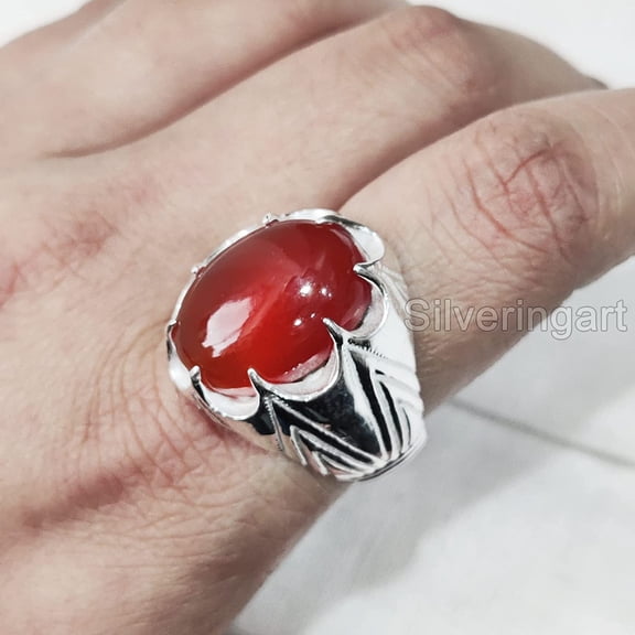 Red Onyx Mans Ring, Natural Red Onyx Gents Ring, December, Silver Jewelry, 925 Silver Ring, Birthday Gift, Heavy Mens Ring, Arabic Design, Ottoman Style Ring, Christmas, Turkey Mens Signet Ring