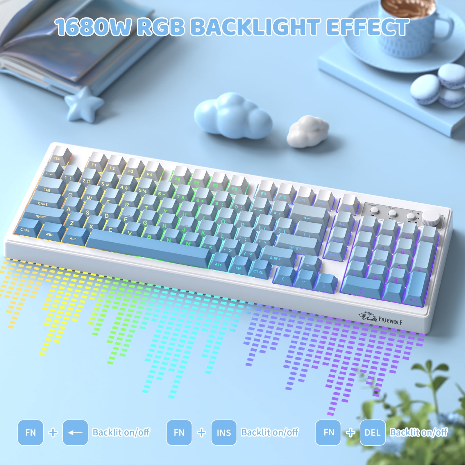 Freewolf-ZIYOULANG K100 99 Keys Gaming Membrane Wireless Tri-Mode BT/2.4GHz/USB-C Computer Keyboard with Media Knob & Side Printed Keys, Blue