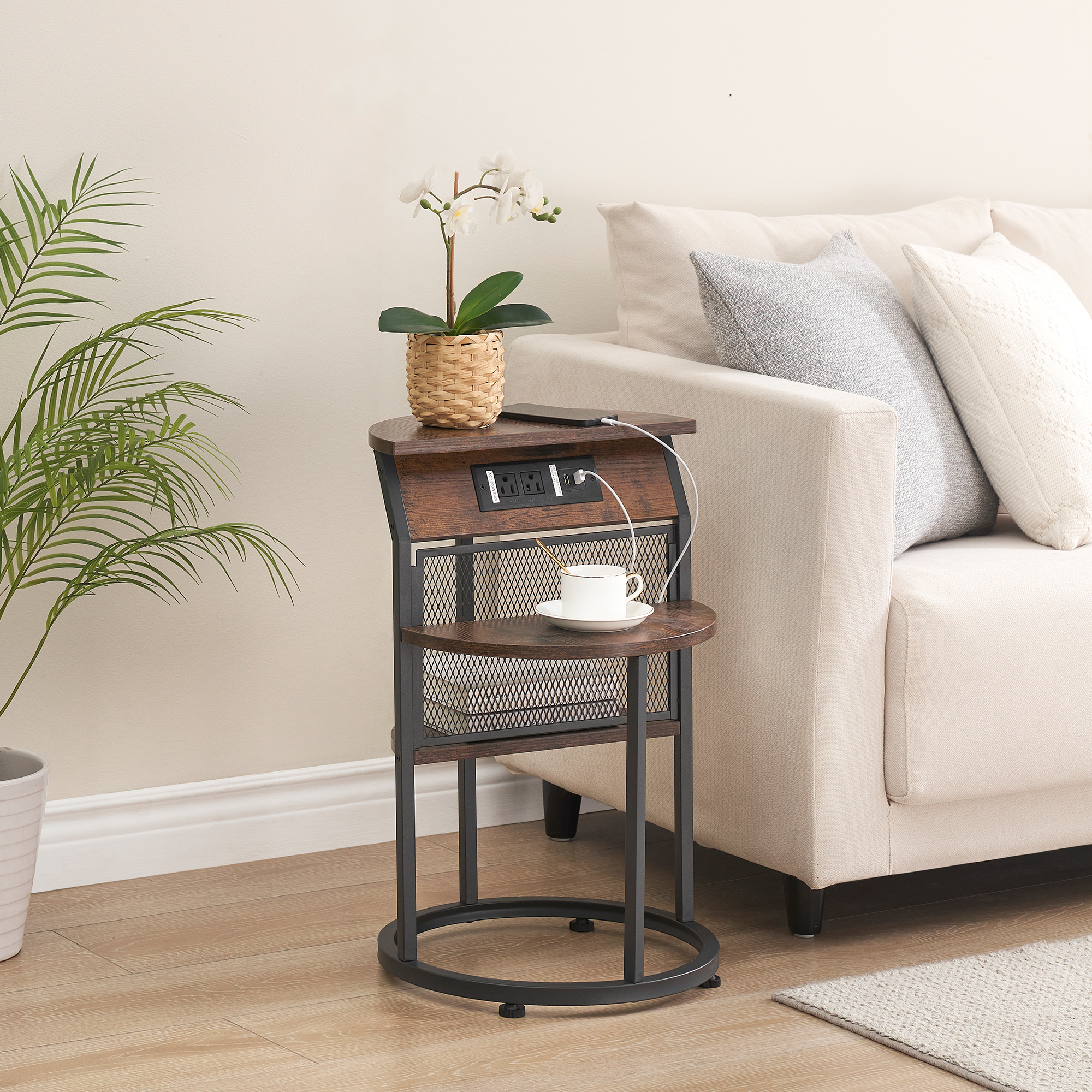 Round End Table with Charging Station, Black Side Table with USB Ports