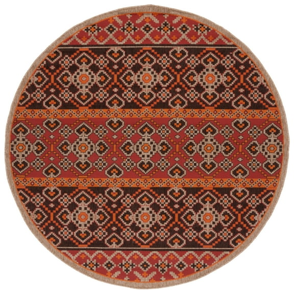 SAFAVIEH Veranda Moriah Geometric Indoor/Outdoor Area Rug, Red/Chocolate, 6'7" x 6'7" Round