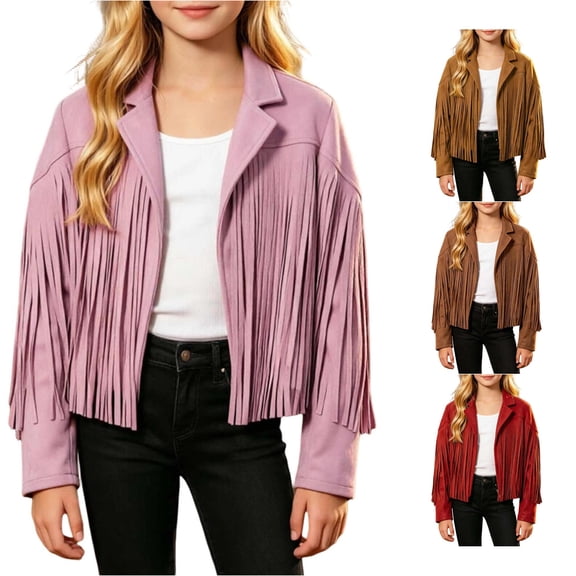HNMKIU Girls Fringe Jackets Kids Western Tassels Motorcycle Cardigan Cropped Coat