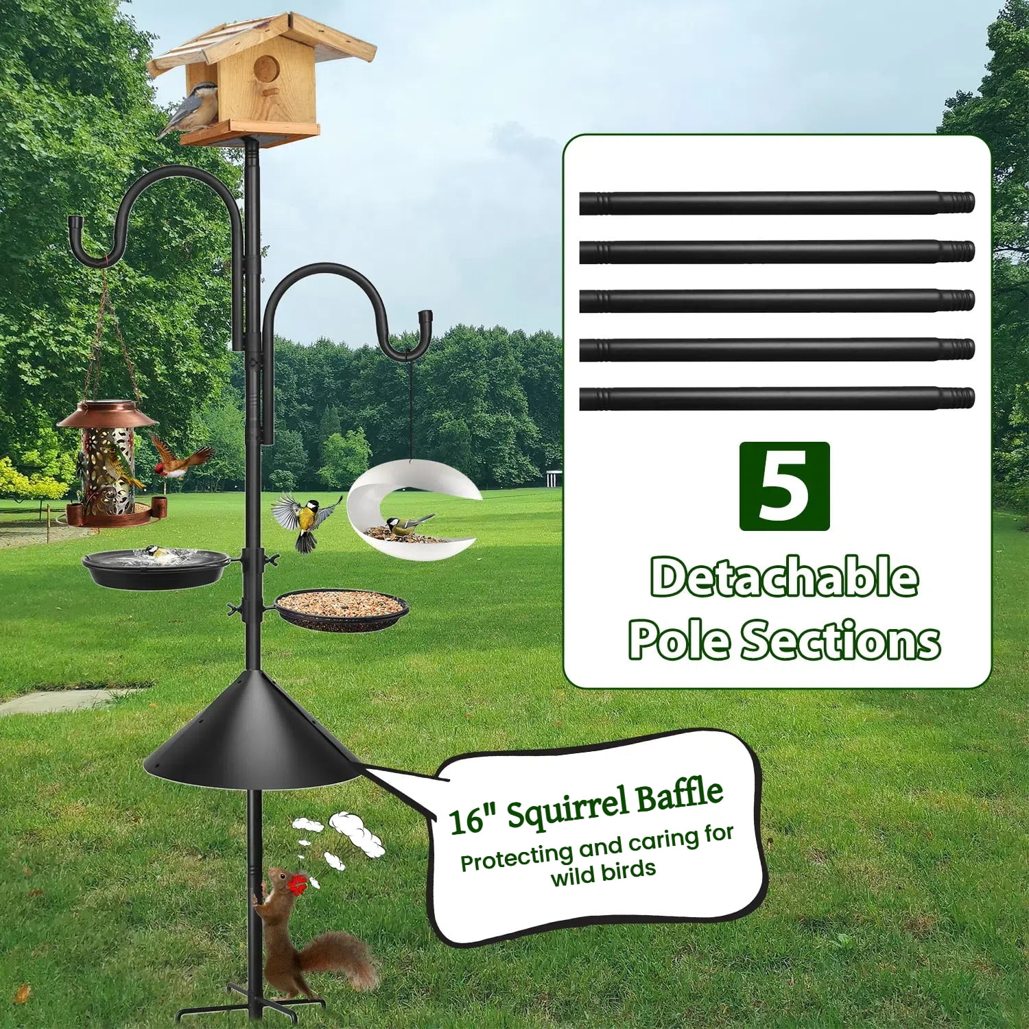 Teblint 92" Bird Feeding Station, Heavy Duty Bird Feeder Pole Bird House Stand Mount Kit w/ Squirrel Proof Baffle 2 Shepherds Hooks, Adjustable Feeder Stand for Outdoor Wild Birds Watching
