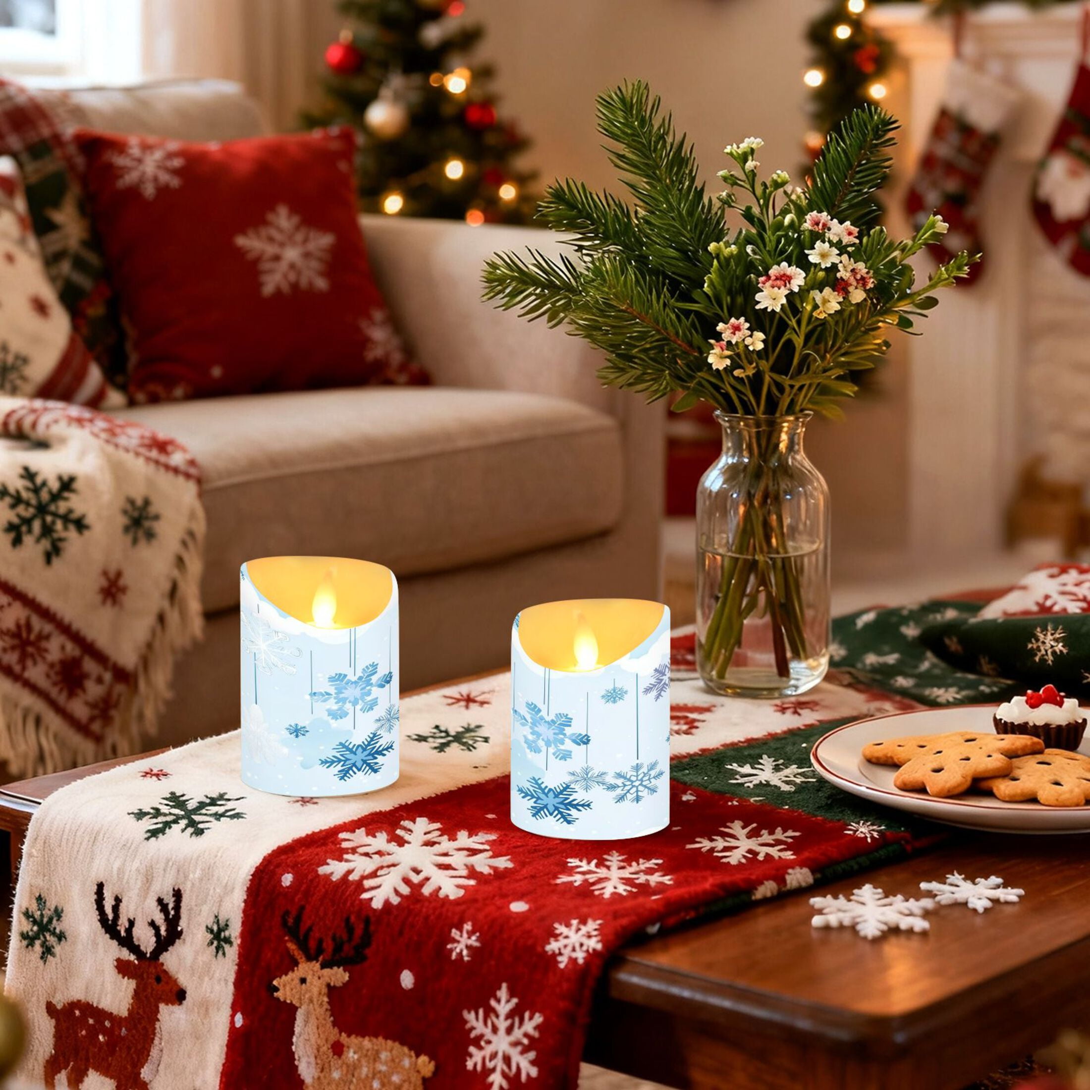 2 PCS Tilted Flameless Candles Flickering LED Lights Battery Operated Candles with Remote Timers for Holiday Decor Hanging Snowflakes