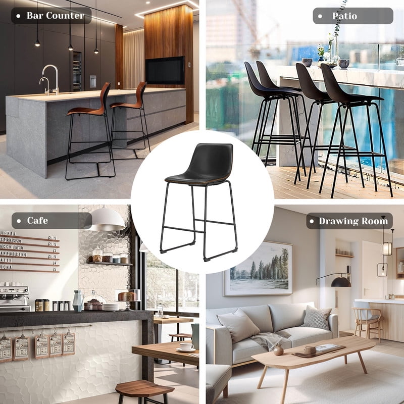 Gianna Counter Height Bar Stools Set of 2, Modern Faux Leather High Barstools with Back and Metal Leg, Bar Chairs for Kitchen Island, Black