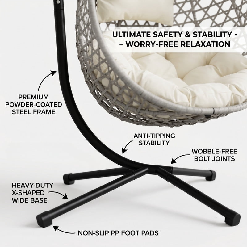 350lbs Capacity Foldable Hanging Chair with Stand, HDPE Rattan Accent Swing Egg Chair with Cushions for Indoor/Outdoor
