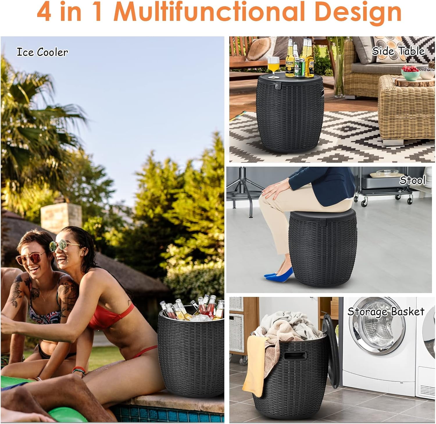 9.5 Gal Cooler Bar Table – Patio Wicker Ice Cooler with 4-in-1 Design, Black, 16.73×16.73×17.32 in