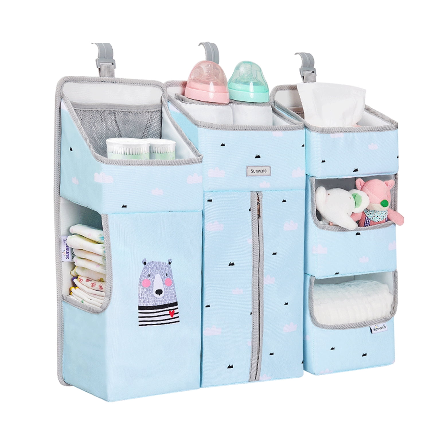 Sunveno 3-in-1 Crib Nursing Organizer Set for Baby Essentials Storage, Blue
